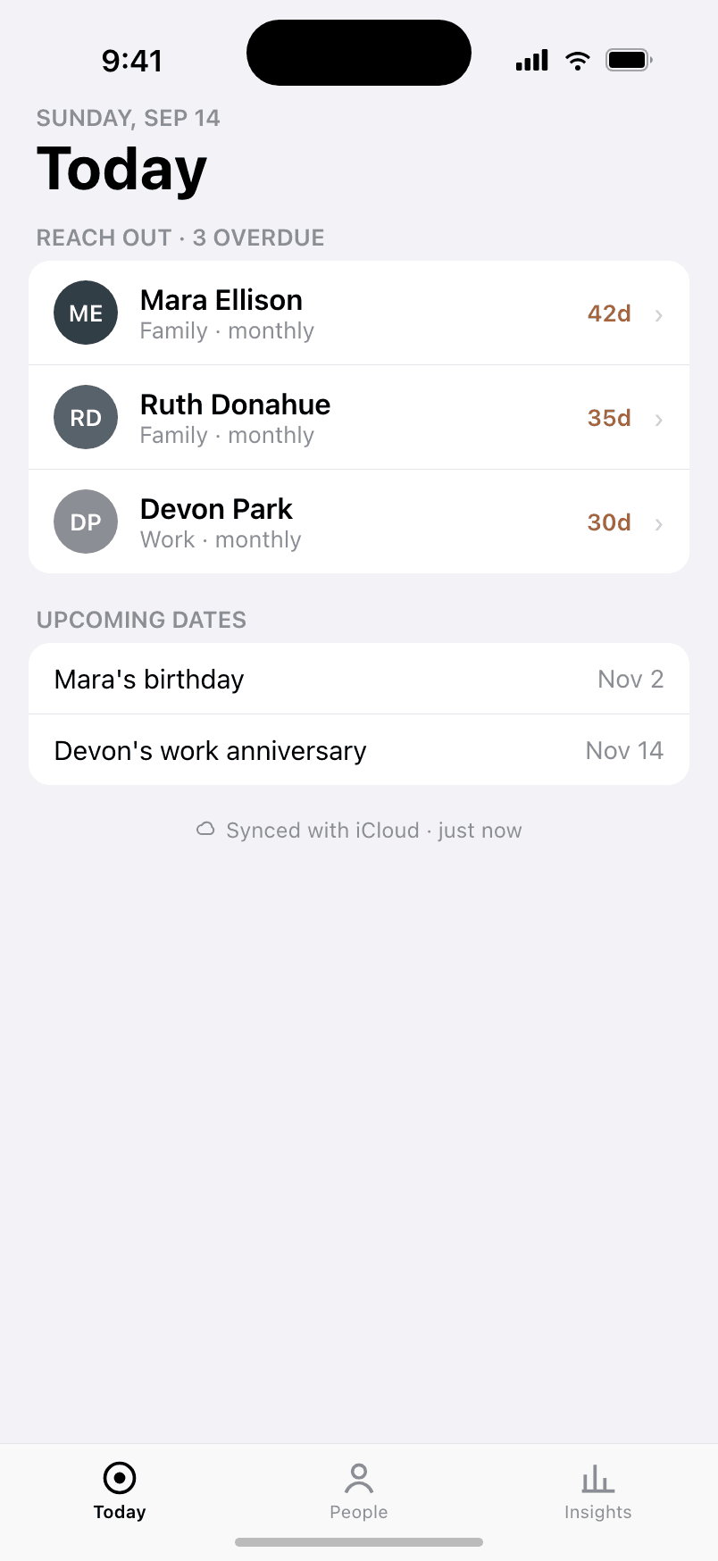 Kindred Today screen listing three overdue people to reach out to and upcoming dates